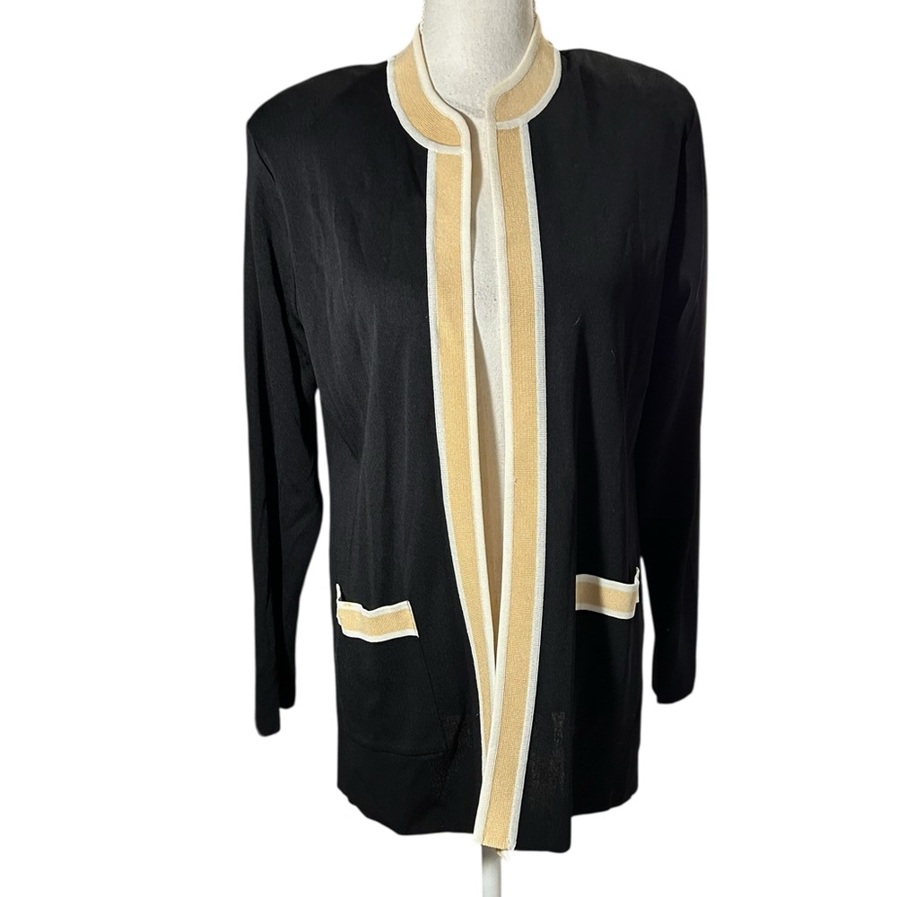 Exclusively Misook Open Front Cardigan Trimmed Gold and Pockets